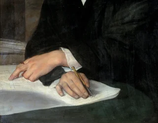 Portræt af arkitekten Karl Berckmuller (1800-1879), detalje af de krydsede hænder på flyet. En af dem har en comppas. Maleri af Franz Xaver Winterhalter (1806-1873) Ec. Alle.