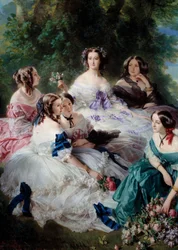 Impress Eugenie (1826-1920) i 1855 omgiver æresdamerne i Detail Palace, der repræsenterer prinsessen af Essling, baronessen af sten, viscountessen Lezay-Marnesia, kejseren øverst i hvidt og markisen af Montebello på det