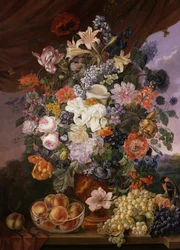 Frugt og blomster på en afsats med landskab. Maleri af Franz Xaver Petter (1791-1866) Privat samling.