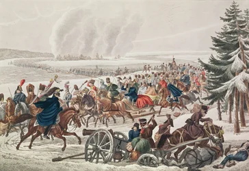 Den franske hærs tilbagetog over floden Berezina, 26. november 1812, indgraveret af J.A. Klein