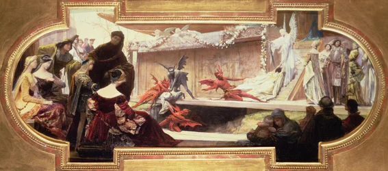 Skitse til et loftmaleri, der viser en scene fra en serie om Teatrets Historie