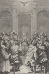Pinsen, med apostlene og jomfruen siddende i en cirkel, Helligånden ap..., 1729-40.