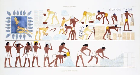 Murstensfremstilling, fra en sjælden optegnelse af fresker fra Theben, optaget 1819-1822 på sit andet besøg i Egypten af Frederic Cailliaud (1787-1869), farve litho