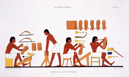 Læderarbejdere fra en sjælden optegnelse over kalkmalerier fra Theben, optaget 1819-1822 på sit andet besøg i Egypten af Frederic Cailliaud (1787-1869), farve litho