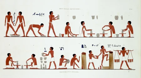 Potters at Work, fra en sjælden optegnelse af fresker fra Theben, optaget 1819-1822 på sit andet besøg i Egypten af Frederic Cailliaud (1787-1869), farve litho