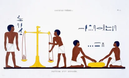 Dødsritualer (emne uklart), fra en sjælden optegnelse af fresker fra Theben, optaget 1819-1822 på sit andet besøg i Egypten af Frederic Cailliaud (1787-1869) (farve litho)
