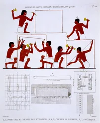 Stonemasons at Work, fra en sjælden optegnelse af fresker fra Theben, optaget 1819-1822 på sit andet besøg i Egypten af Frederic Cailliaud (1787-1869), farve litho