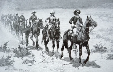 Amerikanske "Buffalo Soldiers" marcherer i ørkenen, efter en tegning fra 1888 (stik)