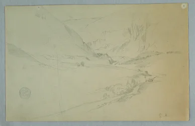Tegning, Andisk bjergdal med snoet vandløb, Colombia eller Ecuador, 1857