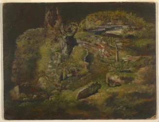 Tegning, kampesten i skoven, ca. 1845