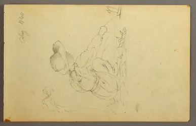 Tegning, dreng trækker sejlbåd, 1844