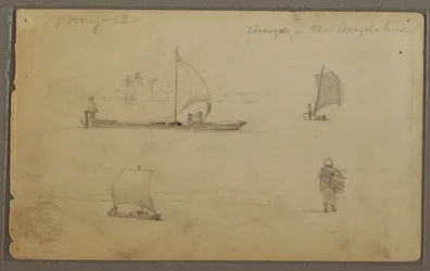 Tegning, Bungoes: Skitser af sejlbåde og arbejdende mænd langs Rio Magdalena, Colombia, maj 1853