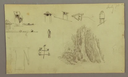 Tegning, skorstene, vandfald, figur m.m., muligvis juli 1868