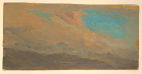 Tegning, overskyet himmel over bjerge; bagside: Elevation af et monument, juli 1865
