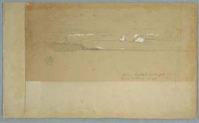 Tegning, Skyet himmel over bakket og skovklædt slot, muligvis 1857