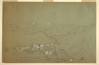 Tegning, fjerntliggende udsigt over vulkanerne Tolima og Ruiz fra nærheden af Tequendama Falls, Colombia, juni 1853