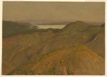 Tegning, fjern udsigt over bakketoppe, august 1865