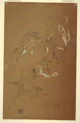 Tegning, nedfalden sten fanget på murbrokker, El Yemen, 2. marts 1868
