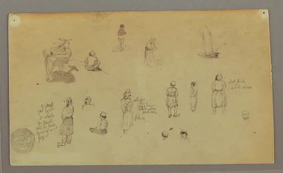 Tegning, Figurstudier, pakkeæsel, sejlbåd, muligvis 1868