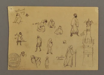 Tegning, Figurer og et signaltårn, Egypten, muligvis 1868