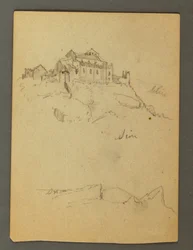 Tegning, befæstning af klippetoppe, Sion, Rhônedalen, muligvis 1868