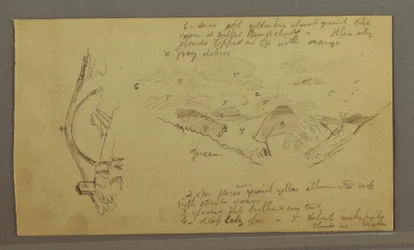 Tegning, Gletsjer, bro og hus, september 1868