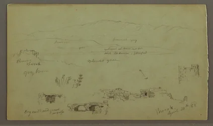 Tegning, bjergkæde over slette, ruiner, 28. april 1868