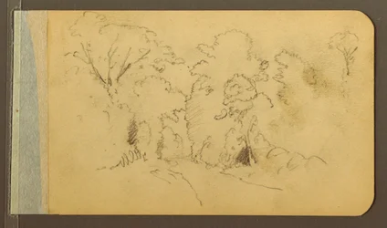 Tegning, bakke- og bjergkæder; bagside: Vej i skoven, 1889