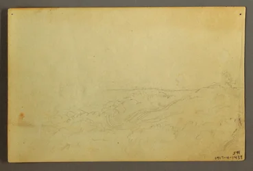 Tegning, Hus i skoven ved et vandløb, april 1845