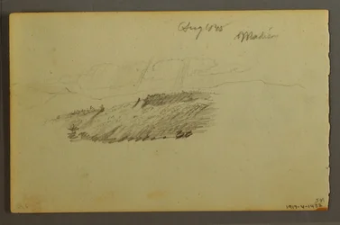 Tegning, Hus, sejlbåd, plante, september 1844