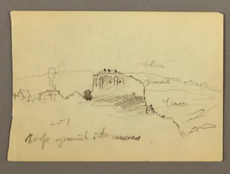 Tegning, Huse på bakketop, muligvis 1868-69