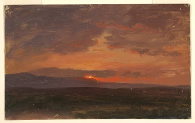 Tegning, Hudson Valley, New York med solnedgang bag Catskill-bjergene, 1855-65