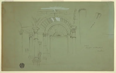 Tegning, interiør, templet i Mismiyeh, Syrien, 28. april 1868