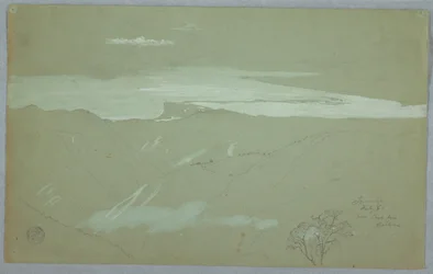 Tegning, Jamaicas kyst og himmel set fra nærheden af kaptajn Kent, Bellevue, Jamaica, juli 1865