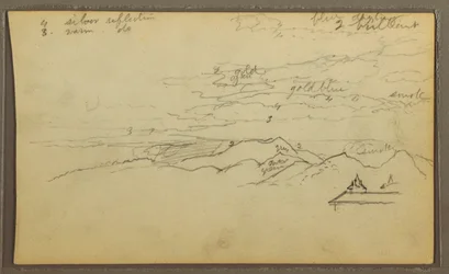 Tegning, landskab; bagside: Båd, botaniske skitser, 1857