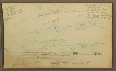 Tegning, landskab; bagside: Huse, kano, 1857