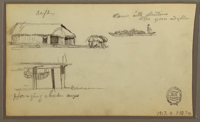 Tegning, landskab; bagside: Huse, kano, 1857