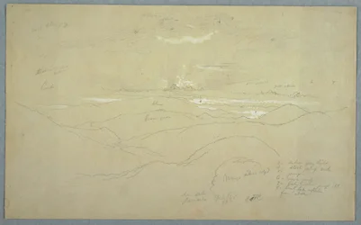 Tegning, Landskab ved solnedgang, Jamaica, juli 1865