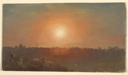 Tegning, Landskab ved solnedgang, 1860-70