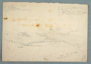Tegning, Landskab i Hudson Valley; bagside: Skitse af kirke med træskibe, 14. juni 1870