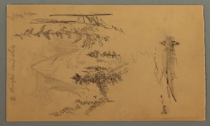 Tegning, mand i båd, Rocky Peak over Pines, muligvis 1868