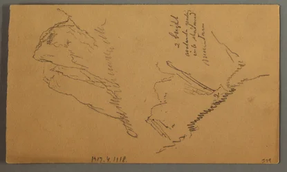 Tegning, mand i båd, Rocky Peak over Pines, muligvis 1868