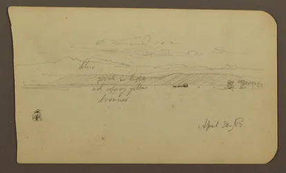 Tegning, bjerglandskab, figur; bagside: landskab, 30. april 1885