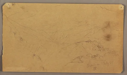 Tegning, bjerglandskab, Jamaica, Vestindien, juli 1865