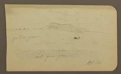Tegning, bjerglandskab; bagside: Kirke med kuppel, april 1885