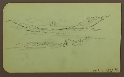 Tegning, bjerglandskab; bagside: landskab, 1883