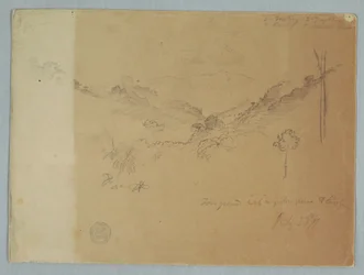 Tegning, bjerglandskab nær Jorje, Ecuador, 23. juli 1857