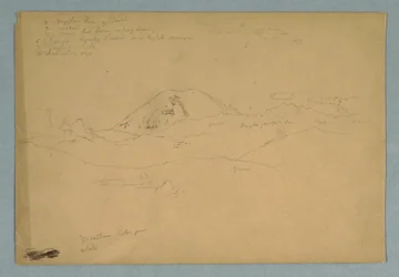 Tegning, bjergtop, muligvis Chimborazo, der rejser sig over tre på hinanden følgende bjergkæder, Ecuador, 1857