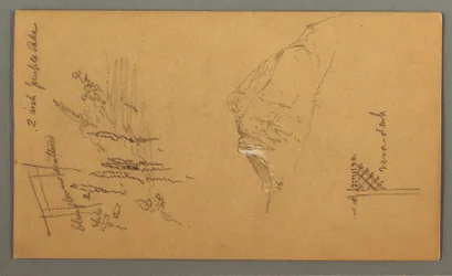 Tegning, bjergtop, vegetation ved bassin, 1868