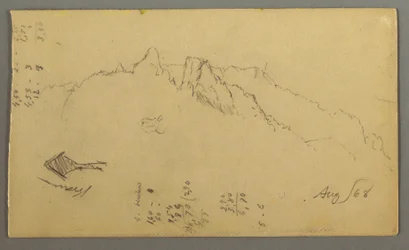 Tegning, bjergtoppe, helligdom i vejkanten, august 1868